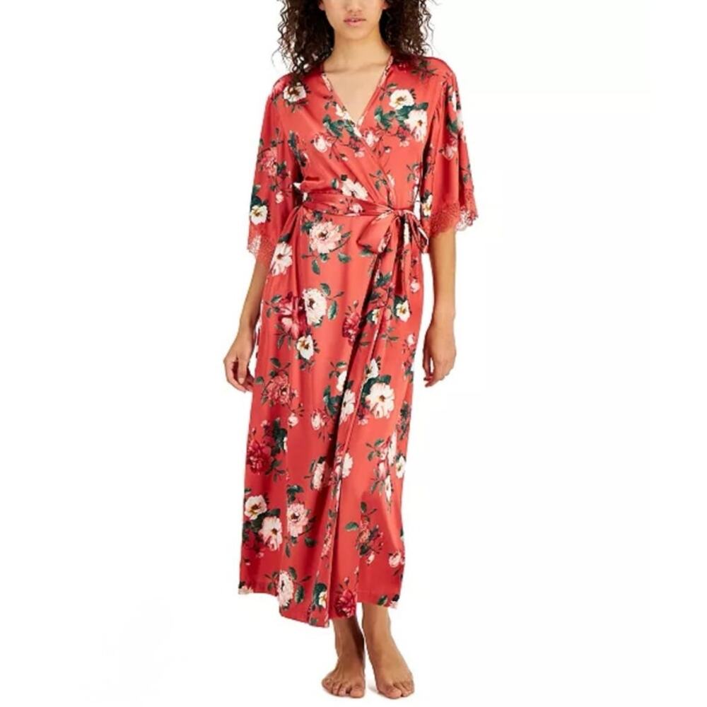 INC International Concepts Pink Floral Lace Trim Satin Robe Sz S NWT